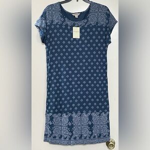NEW Lucky Brand Blue Boho Print Short Sleeve Tunic T-Shirt Shift Dress Sz S